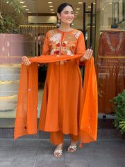 Burnt Orange Chanderi Silk Embroidered Kurta Pant Set with Chanderi Dupatta