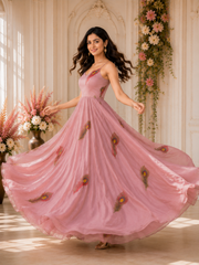 Blush Pink Handpainted Georgette Anarkali Gowns Suit Set with Dupatta