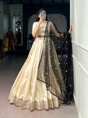 Designer Poly Kotha Tasar Lehenga Choli with Printed Dupatta | Traditional Zari Border Festive Lehenga Set for Women
