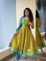 Rooprangi Women's Span Cotton Anarkali Kurta Set with Soft Net Dupatta | Jacquard Zari Border | Purple & Olive Green