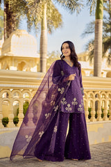 Royal Purple Chanderi Silk Embroidered Kurta Palazzo Set with Organza Embroidered Dupatta