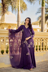 Royal Purple Chanderi Silk Embroidered Kurta Palazzo Set with Organza Embroidered Dupatta