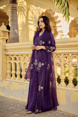 Royal Purple Chanderi Silk Embroidered Kurta Palazzo Set with Organza Embroidered Dupatta