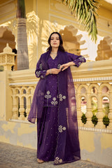 Royal Purple Chanderi Silk Embroidered Kurta Palazzo Set with Organza Embroidered Dupatta