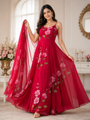 Blossom Bloom Handpainted Georgette Anarkali Suit Set with Floral Dupatta