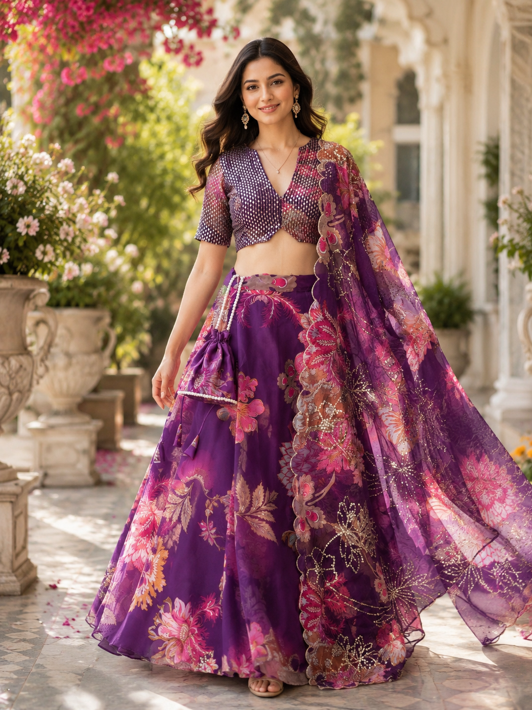 Purple Organza Digital Printed Lehenga Set with Sequins Blouse & Designer Batwa