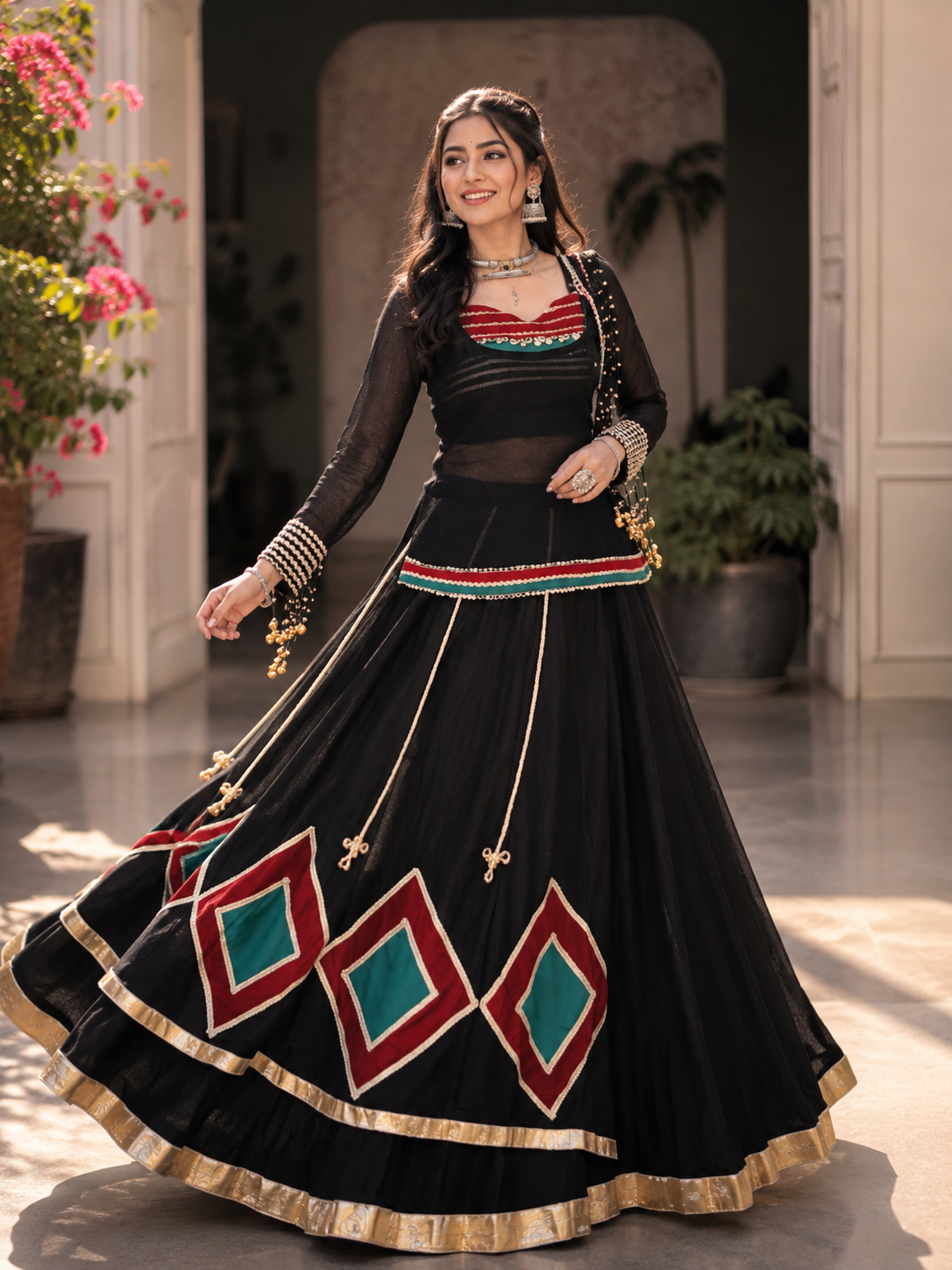 Classic Black Marble Navratri Lehenga Choli Set with Sheer Tunic & Cowrie Bell Detailing