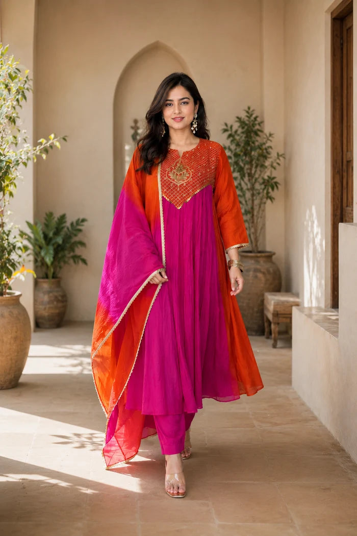 Elegant Pink & Orange Pure Mal Chanderi Handwork Anarkali Suit Set