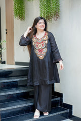 Black & Cream French Crepe Embroidered Kurta Pant Set