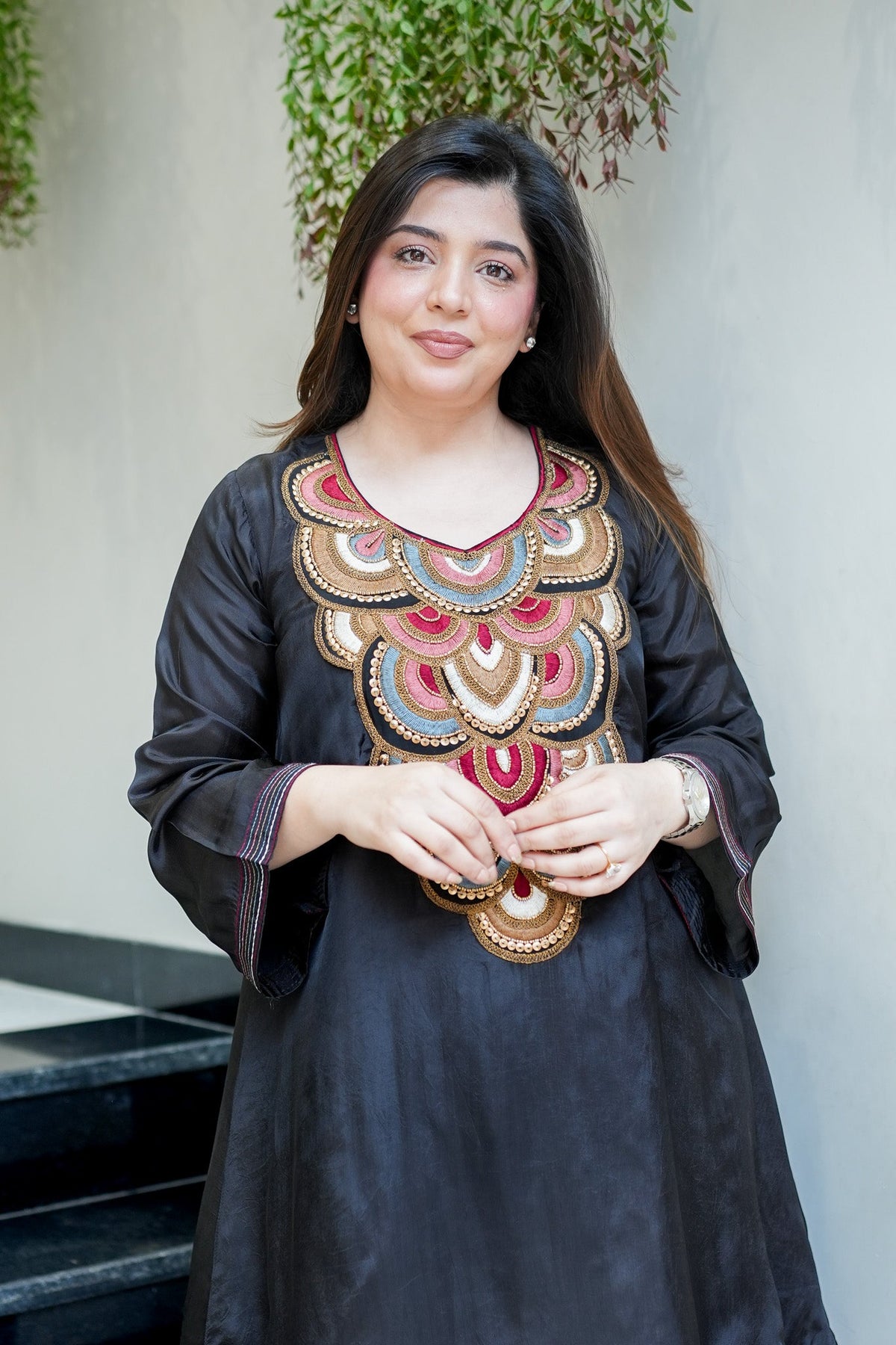 Black & Cream French Crepe Embroidered Kurta Pant Set