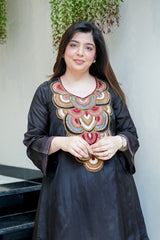 Black & Cream French Crepe Embroidered Kurta Pant Set