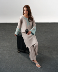 Minimal Grey Chanderi Silk Embroidered Kurta Pant Set