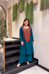 Teal Blue & Brown French Crepe Embroidered Straight Kurta Pant Set