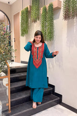 Teal Blue & Brown French Crepe Embroidered Straight Kurta Pant Set