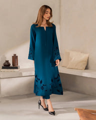 Teal Blue Chanderi Silk Embroidered Kurta Pant Set with Organza Dupatta