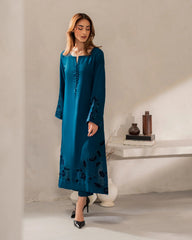 Teal Blue Chanderi Silk Embroidered Kurta Pant Set with Organza Dupatta
