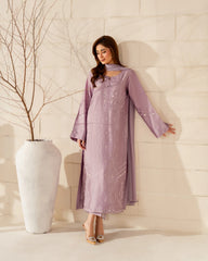Lavender Mist French Crepe Silk Embroidered Kurta Pant Set with Chinnon Dupatta