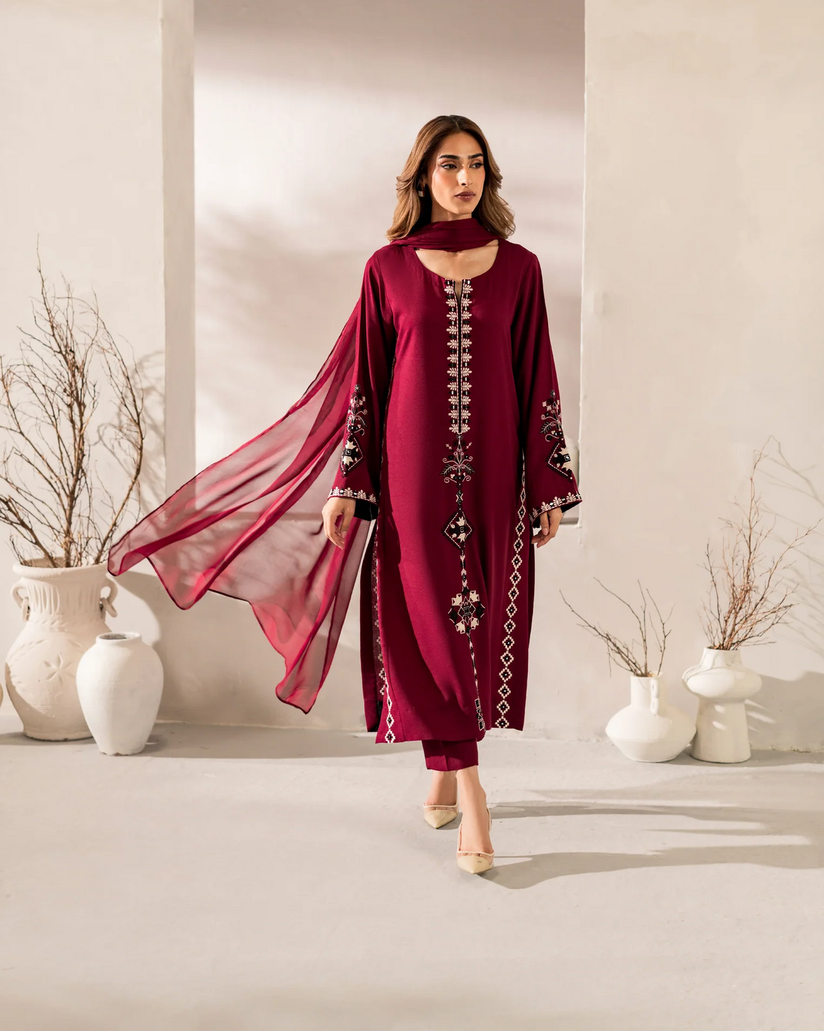 Wine Chanderi Silk Embroidered Straight Kurta Pant Set with Chinon Dupatta