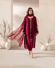 Wine Chanderi Silk Embroidered Straight Kurta Pant Set with Chinon Dupatta