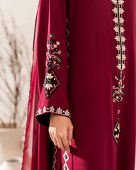 Wine Chanderi Silk Embroidered Straight Kurta Pant Set with Chinon Dupatta