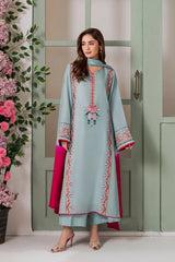 Sky Blue & Fuchsia Pink French Crepe Embroidered Kurta Pant Set with Chinon Double Dye Dupatta