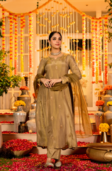 Olive Gold Premium Simmar Chanderi Silk Embroidered Kurta Pant Set with Organza Embroidered Dupatta