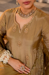 Olive Gold Premium Simmar Chanderi Silk Embroidered Kurta Pant Set with Organza Embroidered Dupatta