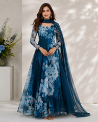 Digital Printed Organza Silk Anarkali Gown with Georgette Dupatta | Premium Designer Party Wear Gown for Women