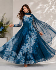 Digital Printed Organza Silk Anarkali Gown with Georgette Dupatta | Premium Designer Party Wear Gown for Women