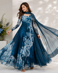 Digital Printed Organza Silk Anarkali Gown with Georgette Dupatta | Premium Designer Party Wear Gown for Women