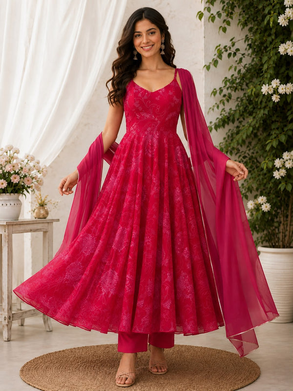Magenta Pink Digital Printed Organza Anarkali Suit Set with Dupatta