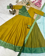 Rooprangi Women's Span Cotton Anarkali Kurta Set with Soft Net Dupatta | Jacquard Zari Border | Purple & Olive Green