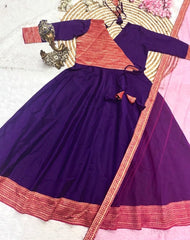 Rooprangi Women's Span Cotton Anarkali Kurta Set with Soft Net Dupatta | Jacquard Zari Border | Purple & Olive Green