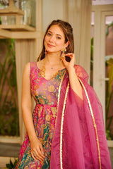 Multicolor Floral Printed Jimmy Organza Anarkali Gown with Designer Dupatta