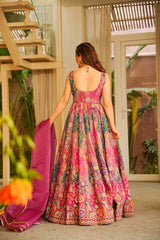 Multicolor Floral Printed Jimmy Organza Anarkali Gown with Designer Dupatta