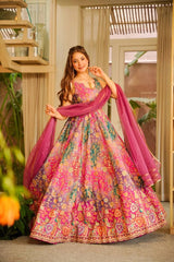 Multicolor Floral Printed Jimmy Organza Anarkali Gown with Designer Dupatta