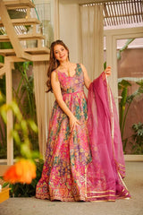 Multicolor Floral Printed Jimmy Organza Anarkali Gown with Designer Dupatta