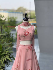 Blush Pink Handpainted Georgette Lehenga Choli with Designer Dupatta