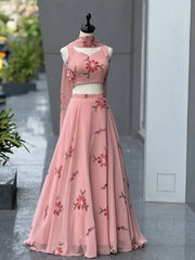Blush Pink Handpainted Georgette Lehenga Choli with Designer Dupatta