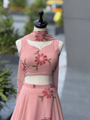 Blush Pink Handpainted Georgette Lehenga Choli with Designer Dupatta