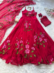 Blossom Bloom Handpainted Georgette Anarkali Suit Set with Floral Dupatta