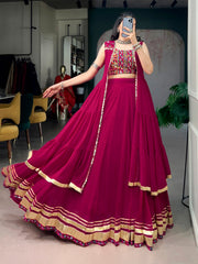 Wine Rayon Navratri Lehenga Choli Set with Gamthi Work Blouse & Long Mirror Work Koti
