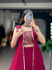 Wine Rayon Navratri Lehenga Choli Set with Gamthi Work Blouse & Long Mirror Work Koti