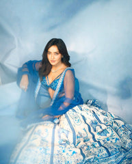Sky Blue Muslin Cotton Digital Print Lehenga Choli with Soft Net Dupatta | Designer Party Wear Lehenga for Women