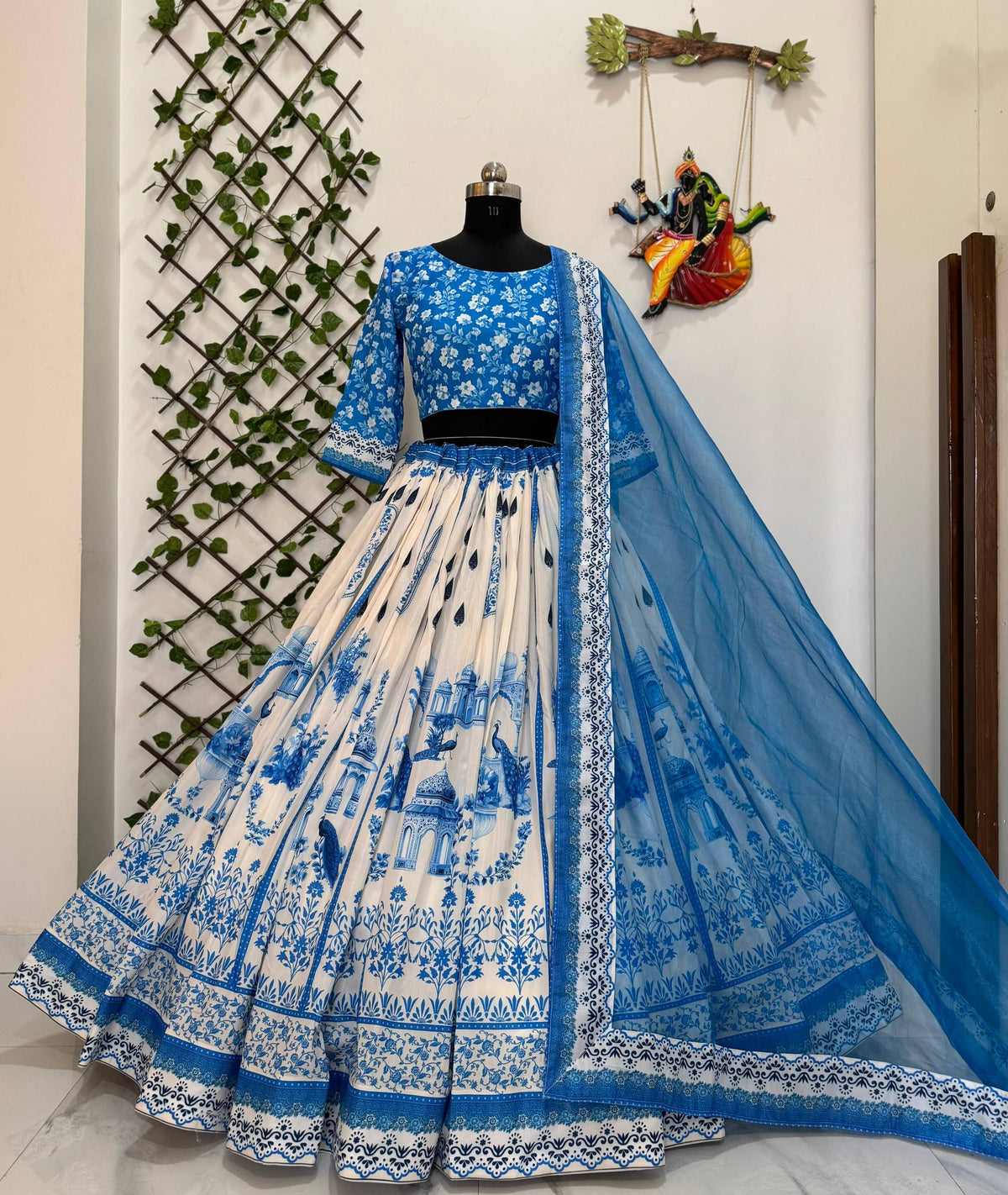 Sky Blue Muslin Cotton Digital Print Lehenga Choli with Soft Net Dupatta | Designer Party Wear Lehenga for Women