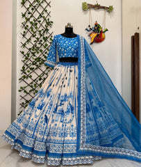 Sky Blue Muslin Cotton Digital Print Lehenga Choli with Soft Net Dupatta | Designer Party Wear Lehenga for Women