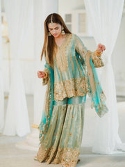 Sky Blue Fendy Silk Kurti & Sharara Set with Embroidered Georgette Dupatta | Designer Festive Wear for Women