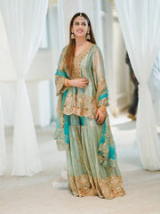 Sky Blue Fendy Silk Kurti & Sharara Set with Embroidered Georgette Dupatta | Designer Festive Wear for Women
