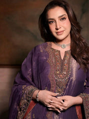 Purple Fendy Silk Kurti & Palazzo Set with Stone Handwork & Embroidered Silk Dupatta | Designer Festive Wear for Women