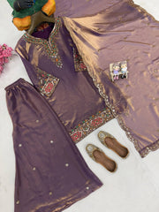 Purple Fendy Silk Kurti & Palazzo Set with Stone Handwork & Embroidered Silk Dupatta | Designer Festive Wear for Women